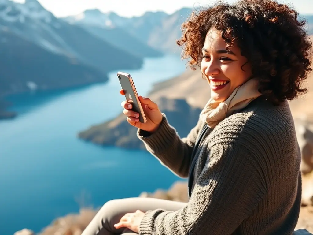 A traveler video calling family from a scenic spot in Chile, representing the Standard Plan's enhanced data.