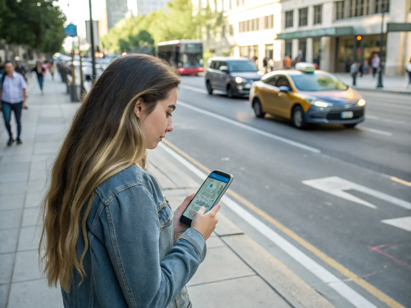A tourist using a smartphone in a bustling Chilean city, showcasing the Basic Plan's connectivity.